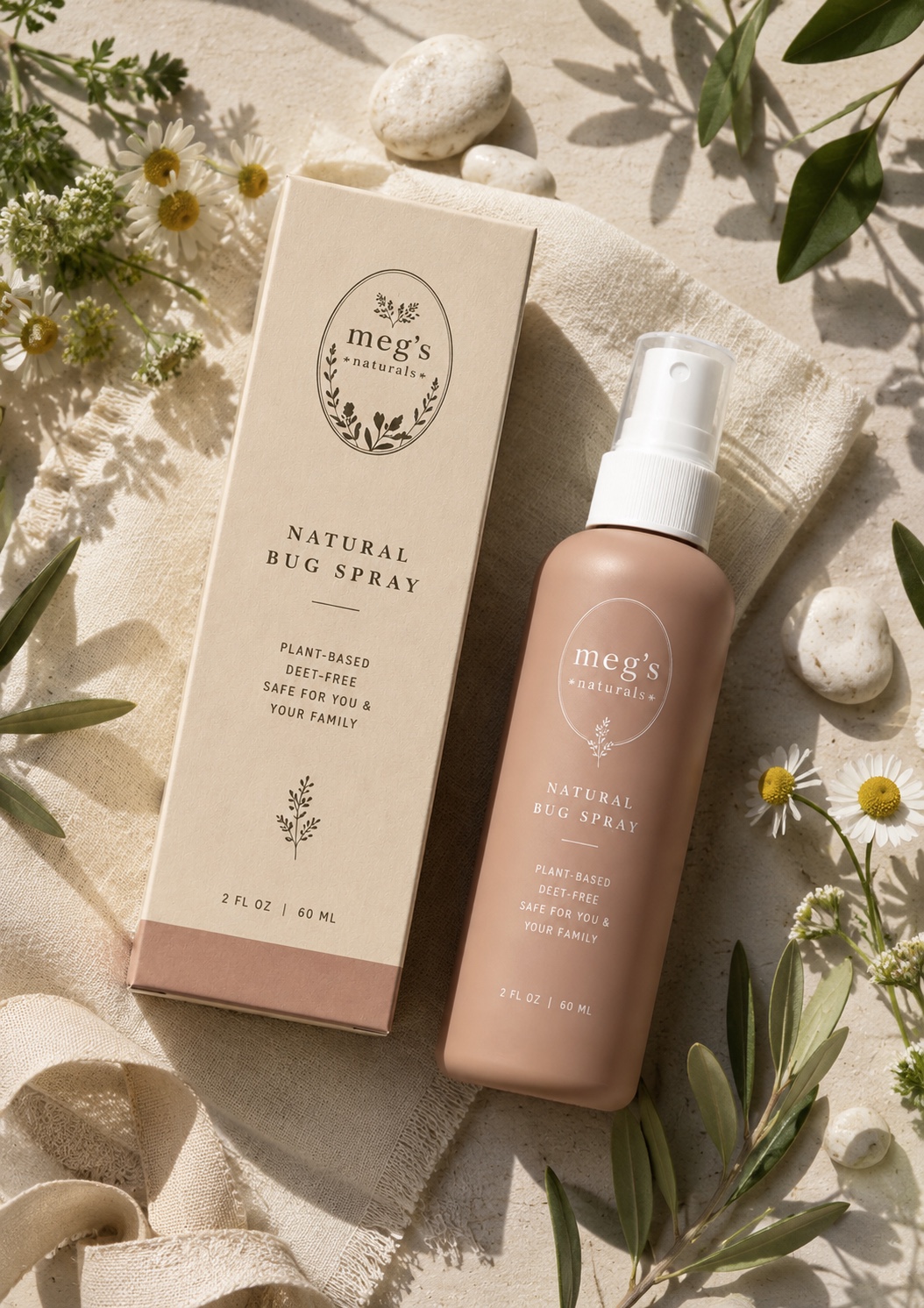 Megs Naturals natural bug spray among fresh chamomile flowers and delicate garden leaves