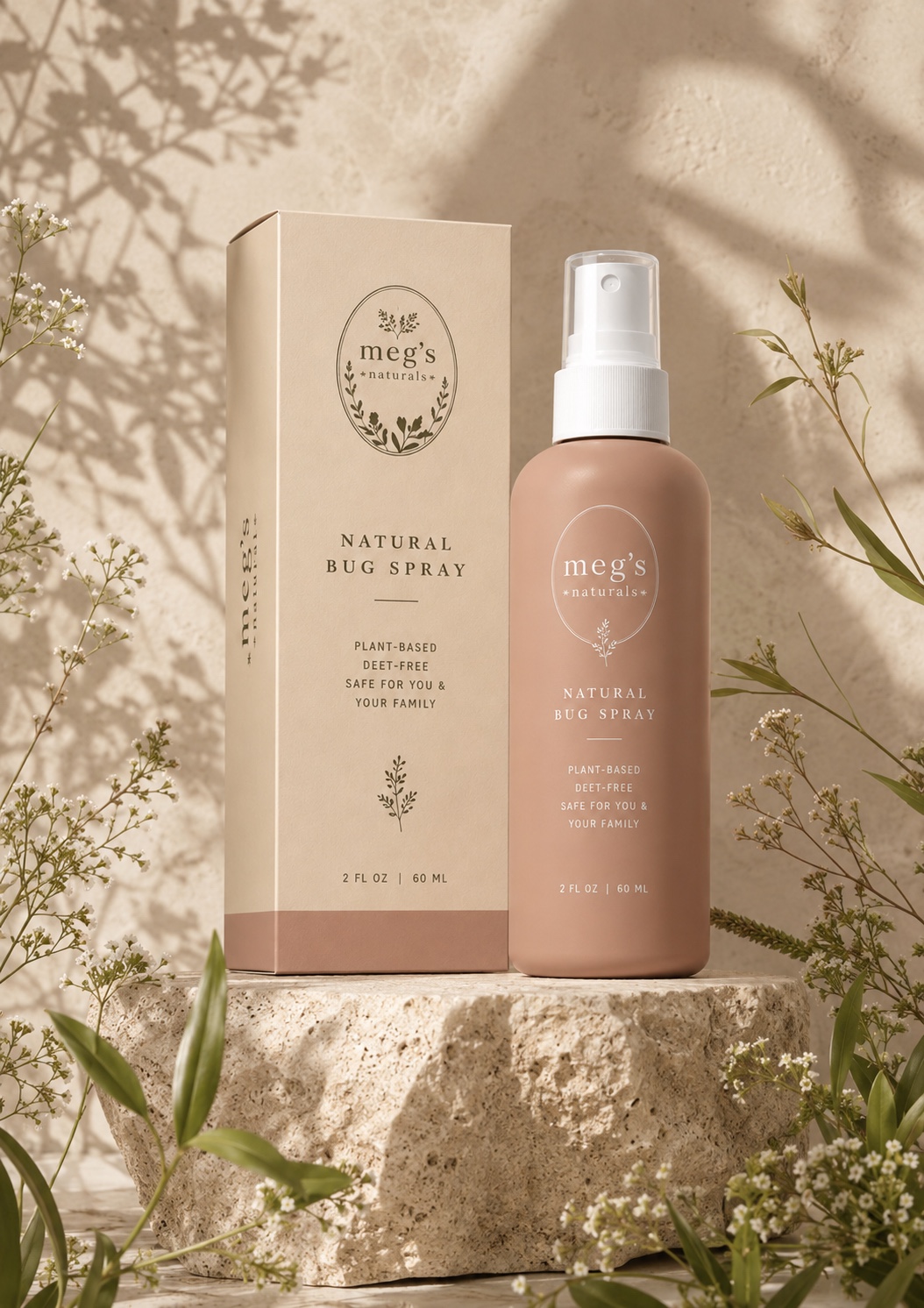 Megs Naturals blush natural bug spray bottle and cream carton on a botanical pedestal