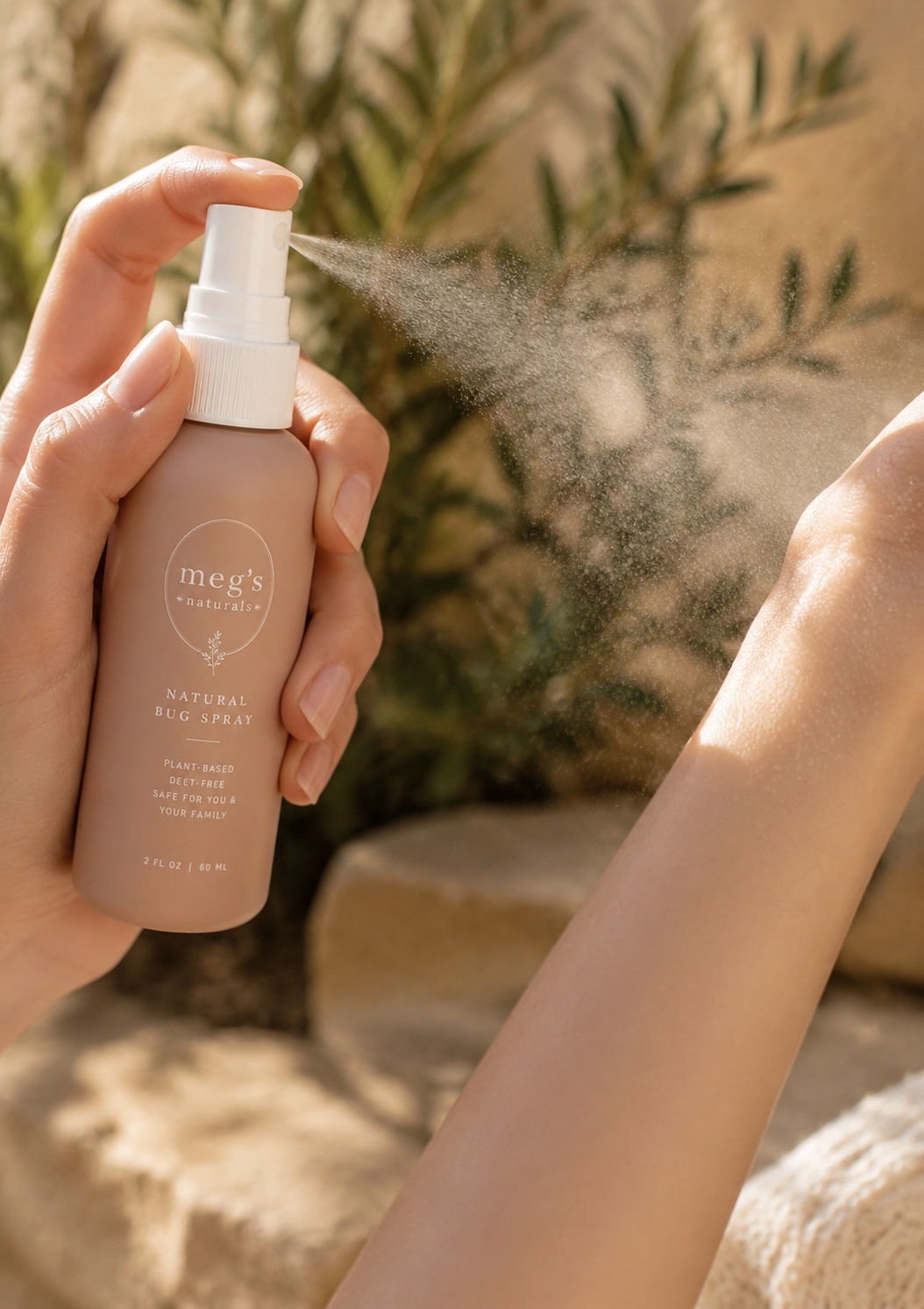 Megs Naturals natural bug spray being gently applied outdoors
